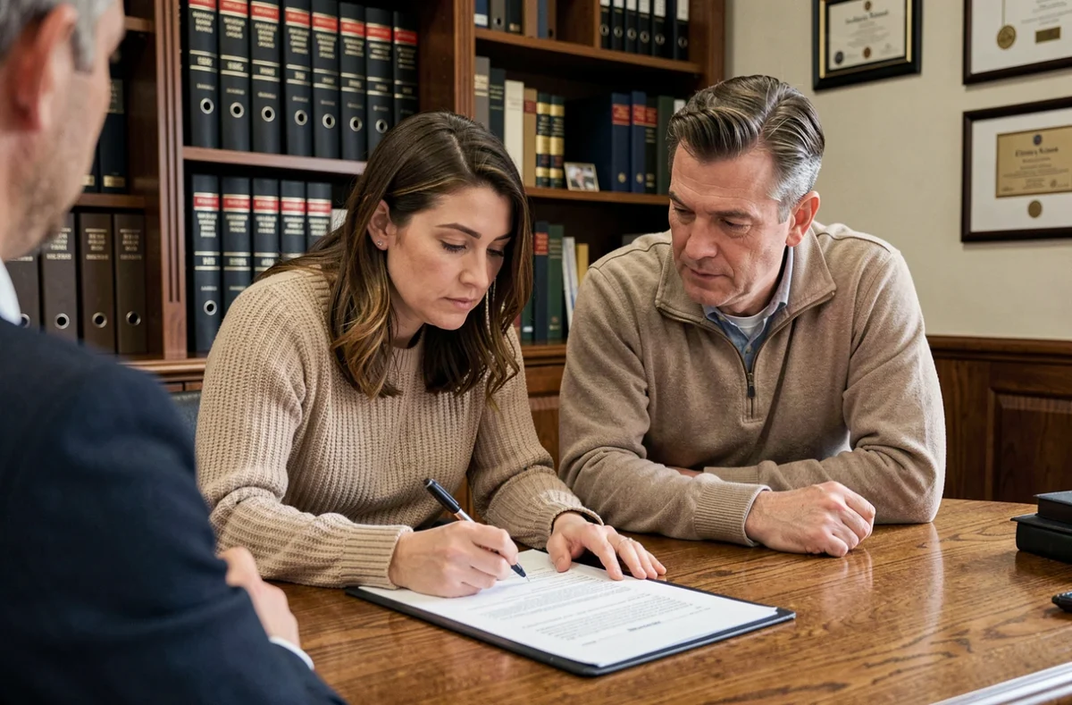 Couple en train de négocier leur assurance de prêt immobilier chez un courtier