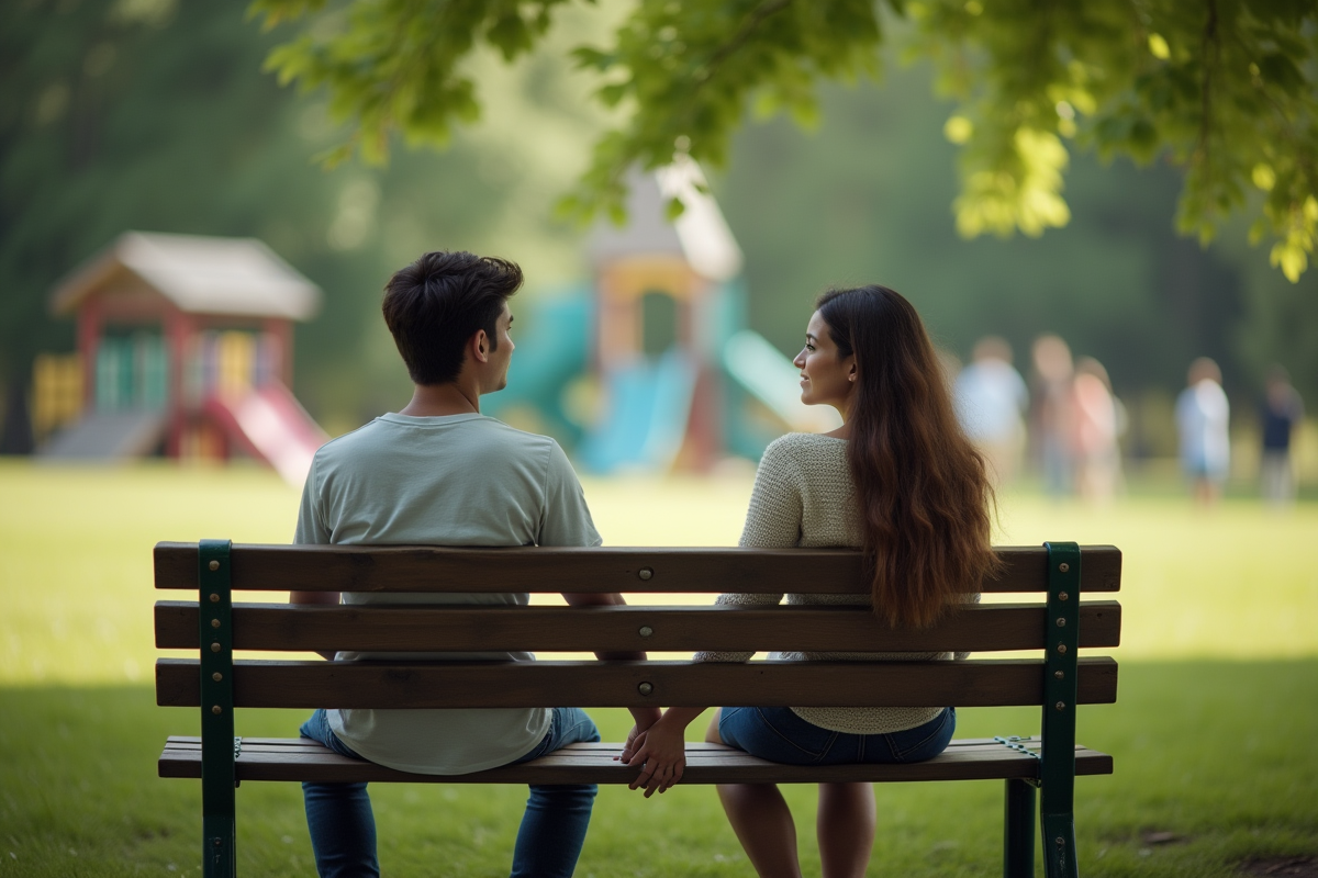 Jeune couple assis sur un banc de parc main dans la main