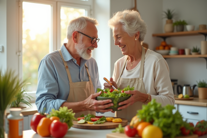 Couple senior préparant une salade dans une cuisine lumineuse