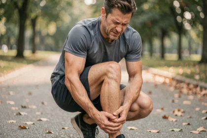 Coureur tenant son mollet douloureux pendant une course en plein air, crampe musculaire visible