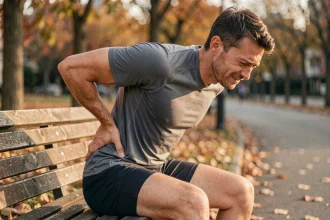 Coureur assis sur un banc après l'effort, tenant sa fesse avec une expression de douleur, illustrant la fessalgie liée à la course à pied