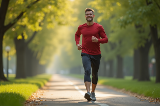 Homme en forme courant dans un parc urbain ensoleille