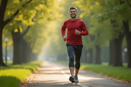 Homme en forme courant dans un parc urbain ensoleille