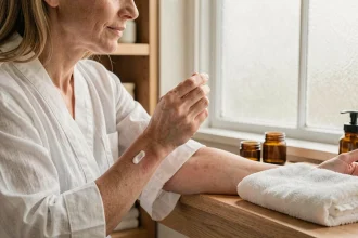 Femme appliquant une crème apaisante pour eczéma sur l'avant-bras avec des produits clean sur une tablette en bois