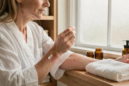 Femme appliquant une crème apaisante pour eczéma sur l'avant-bras avec des produits clean sur une tablette en bois