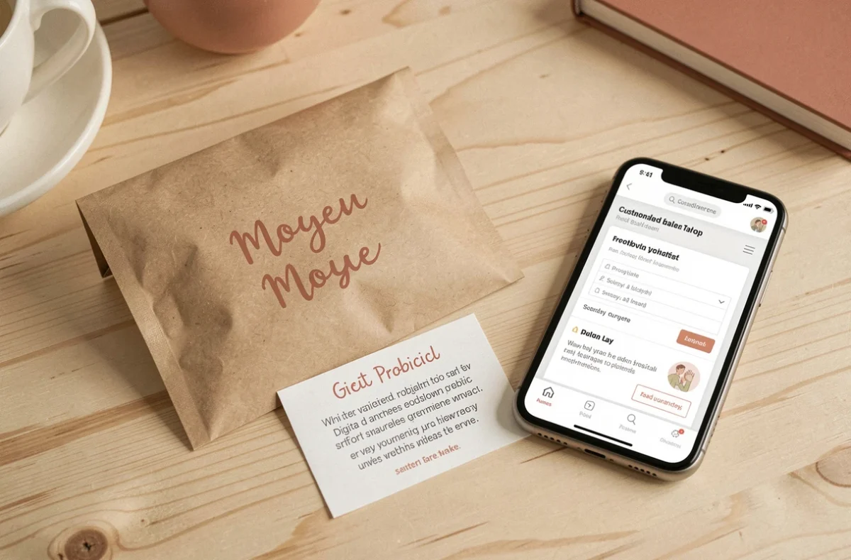 Sachet personnalisé de probiotiques bio Cuure avec carte de recommandation sur mesure et smartphone affichant un questionnaire santé.