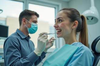 Dentiste nettoyant les dents d'un patient dans un cabinet moderne