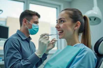 Dentiste nettoyant les dents d'un patient dans un cabinet moderne