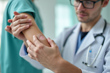 Dermatologue examinant le bras d'un patient pour des conditions cutanées