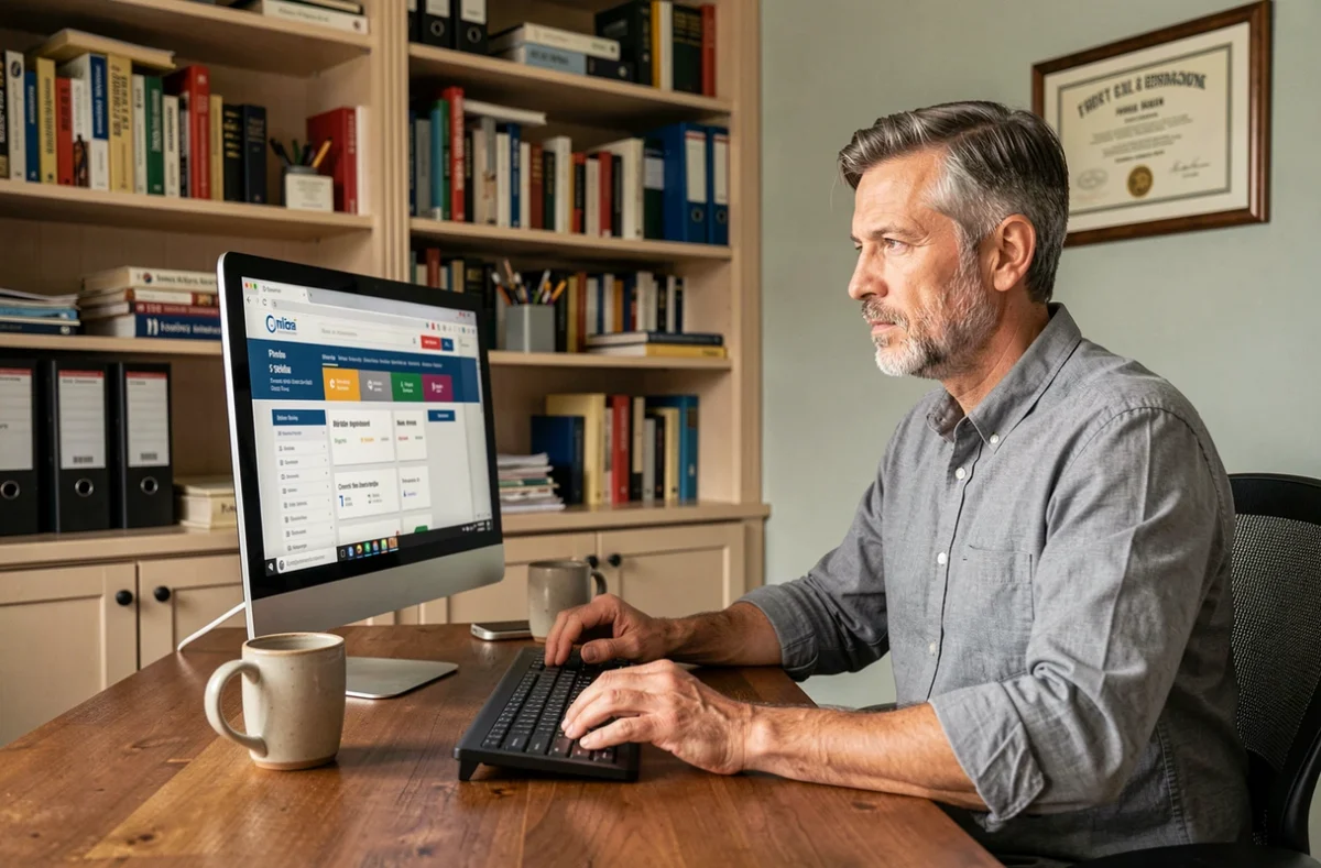 Travailleur indépendant comparant des devis d'assurance professionnelle sur son ordinateur à domicile