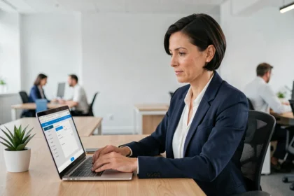 Femme professionnelle demandant un devis d'assurance en ligne sur son ordinateur portable au bureau