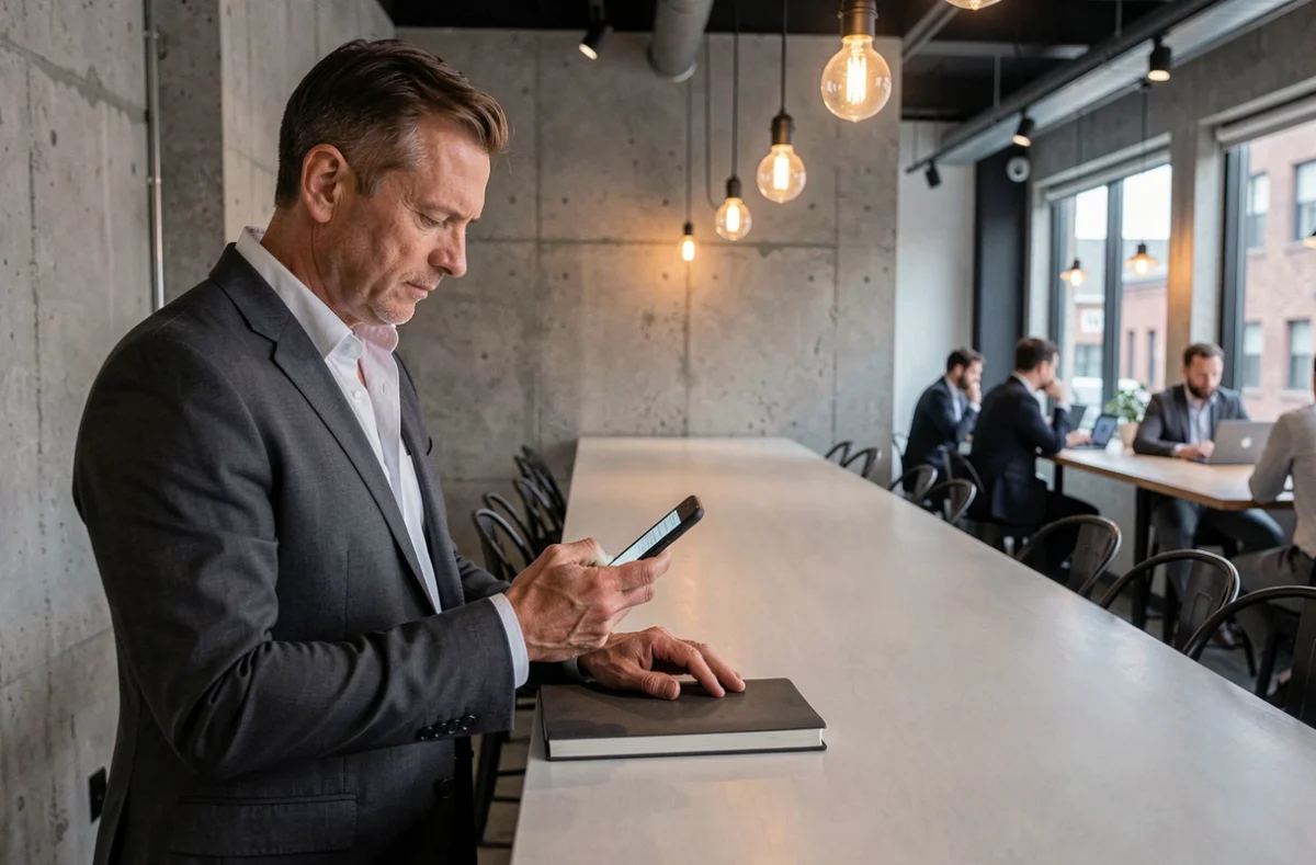 Chef d'entreprise consultant un devis d'assurance professionnelle sur smartphone dans un espace de coworking