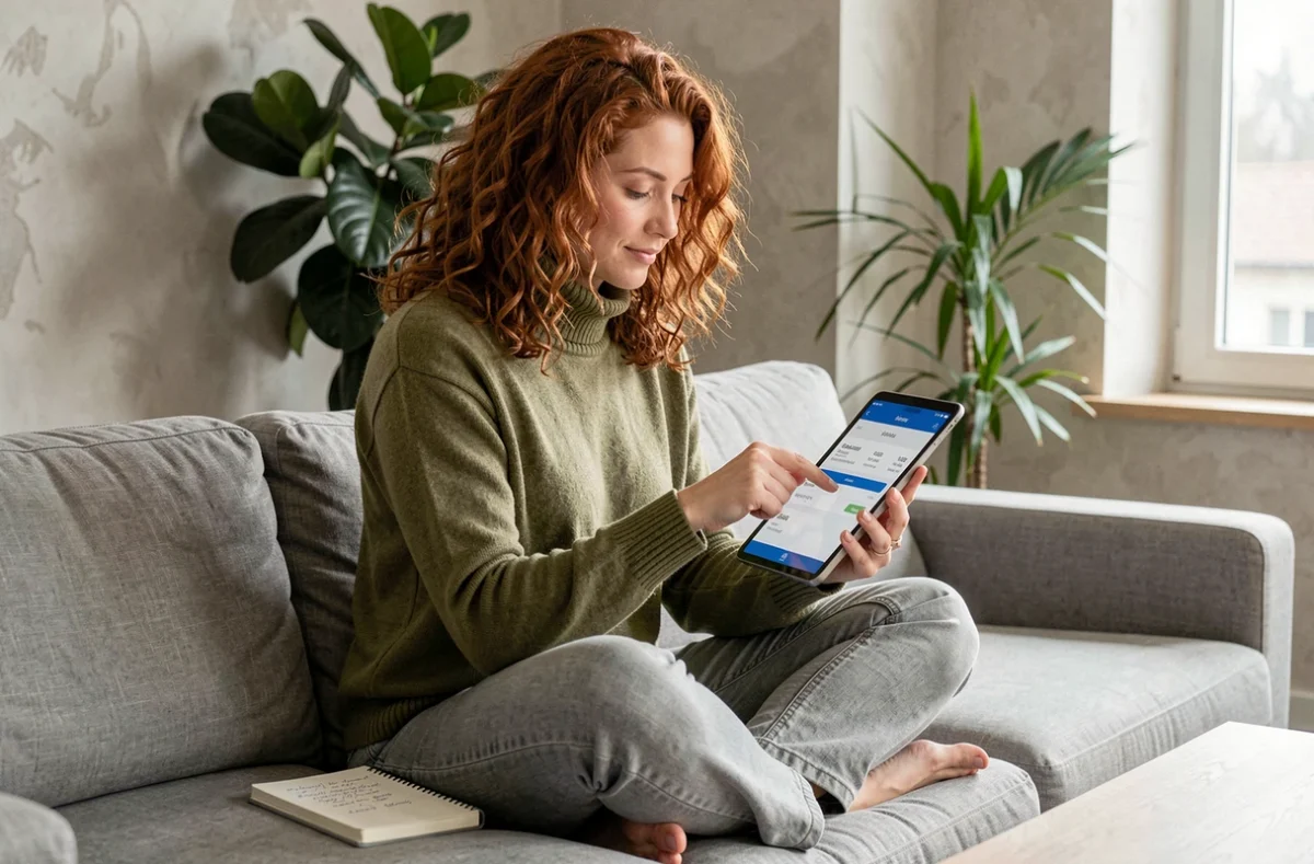 Jeune professionnelle utilisant une tablette pour obtenir un devis d'assurance professionnelle depuis son salon