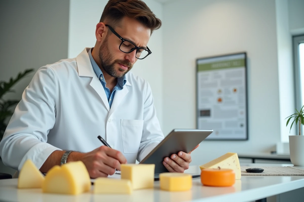 Dietitian pr&eacute;parant des &eacute;chantillons de fromage en consultation