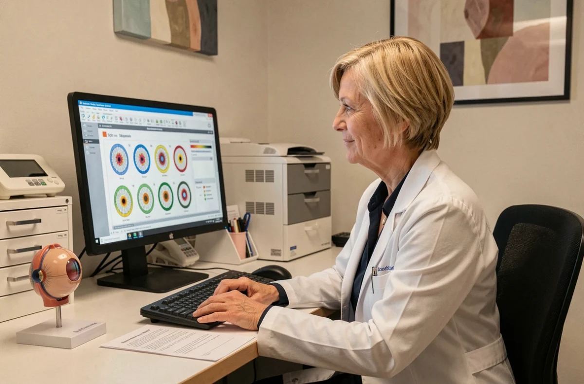 Docteure Claudie Rambault-Mautuit, ophtalmologue à Limoges, analysant des résultats de tests visuels