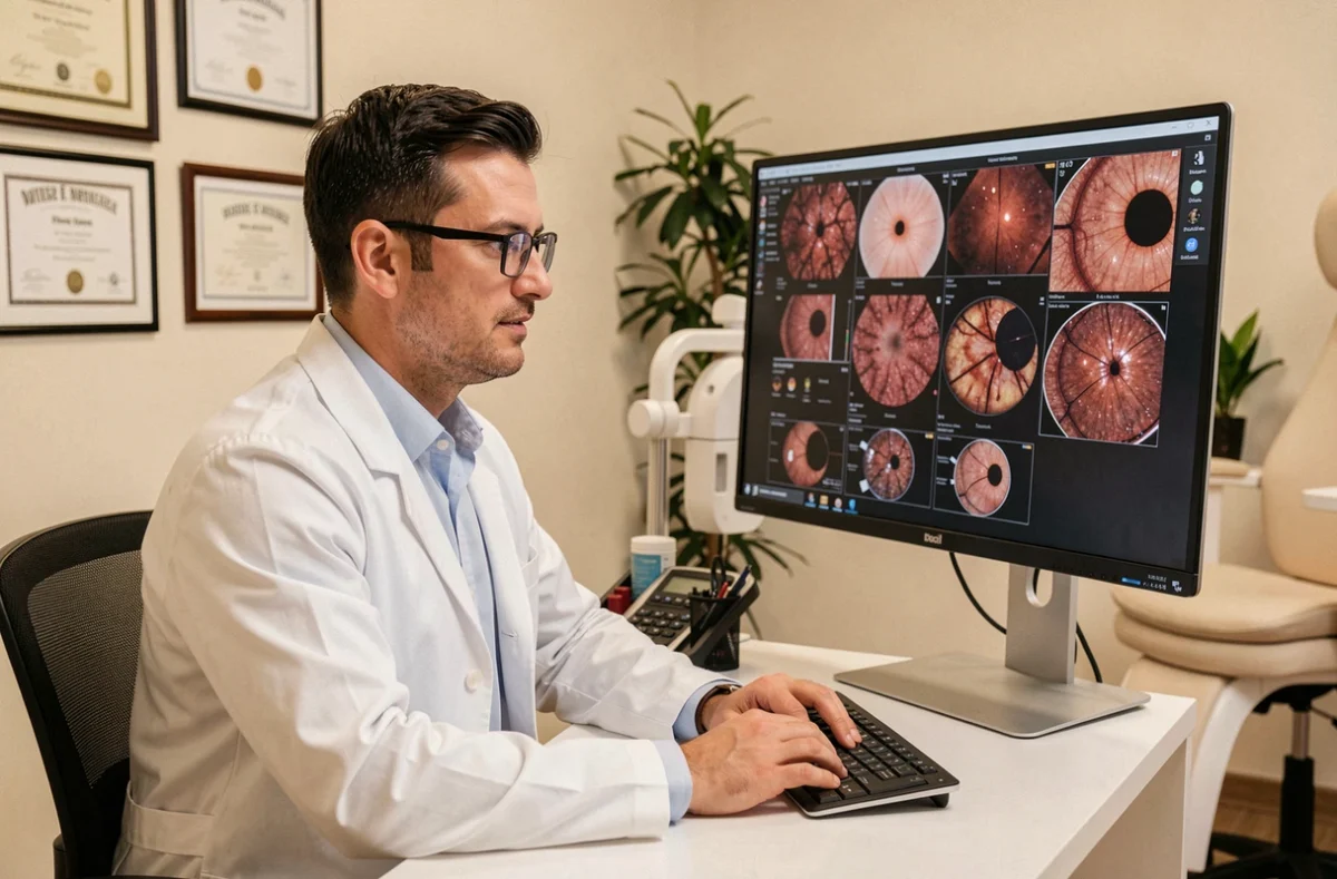 Docteur Clément Paya, ophtalmologue à Bordeaux, en consultation devant un écran de scans rétiniens