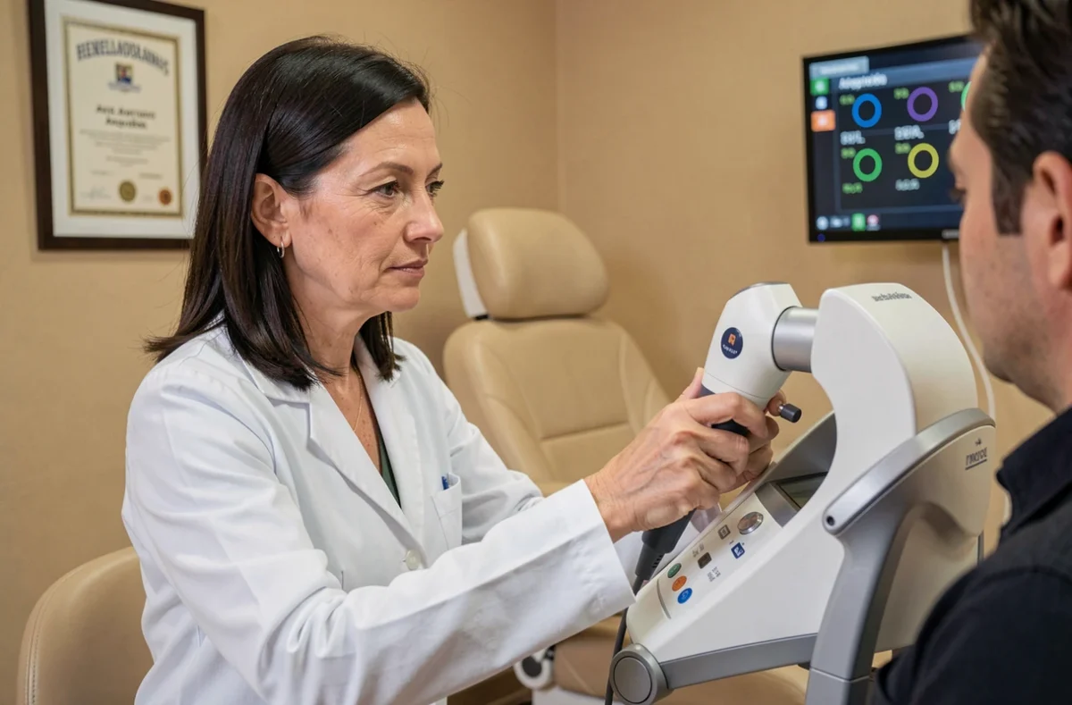 Docteure Luminita Oprea réalisant un test de tonométrie dans son cabinet ophtalmologique à Angoulême