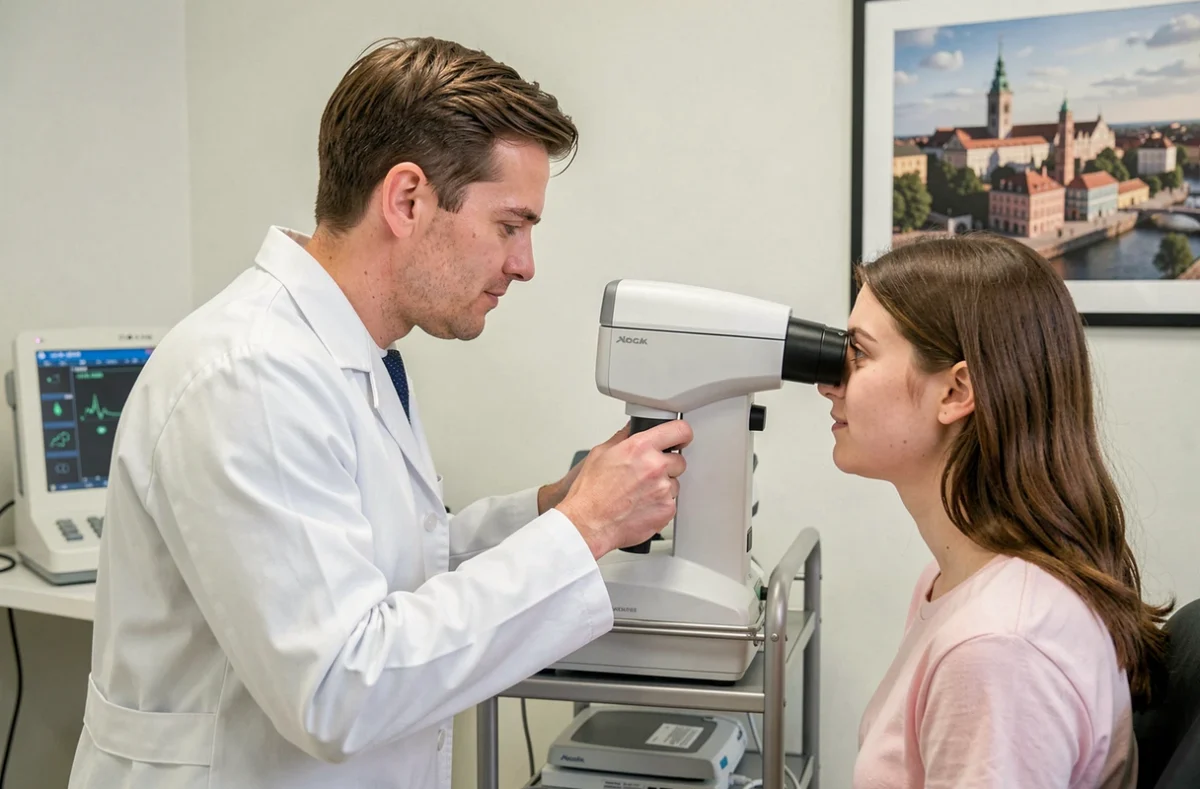 Docteur Mathieu Rivière réalisant un examen de réfraction dans son cabinet ophtalmologique à Pau