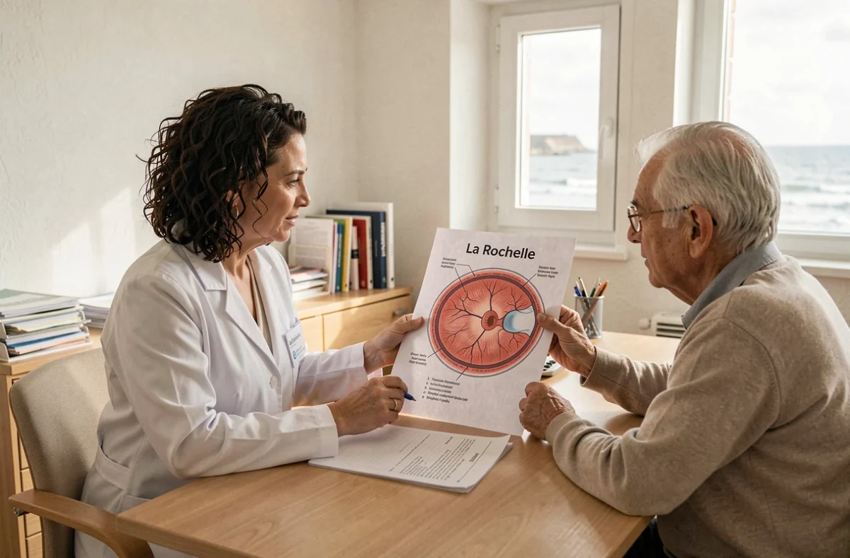 Docteure Nathalie Levin expliquant un diagnostic ophtalmologique à un patient âgé dans son cabinet à La Rochelle