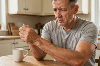 Homme d'âge moyen tenant son avant-bras gauche avec douleur, assis dans une cuisine, auto-évaluation d'une douleur au bras