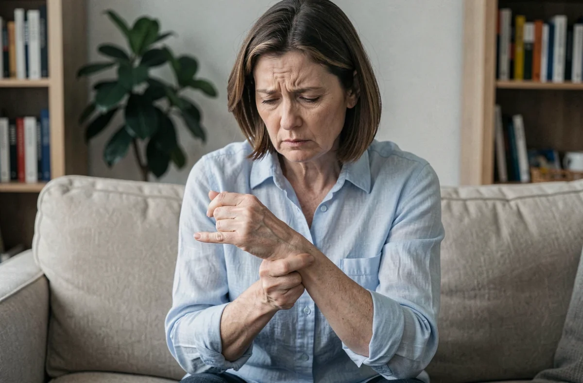 Femme mature appuyant sur son avant-bras gauche pour évaluer une douleur, assise dans un salon, geste d'auto-diagnostic