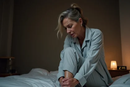 Femme d'âge moyen assise sur le bord de son lit la nuit, se tenant le mollet avec une expression de douleur, illustrant les douleurs nocturnes aux jambes