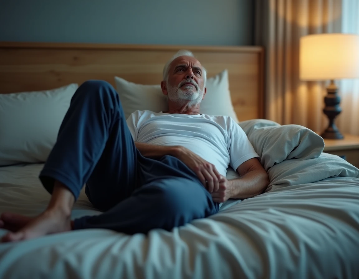Homme âgé allongé dans son lit la nuit, une main sur la cuisse et le visage crispé, représentant les douleurs nocturnes dans les jambes et les signes d'alerte