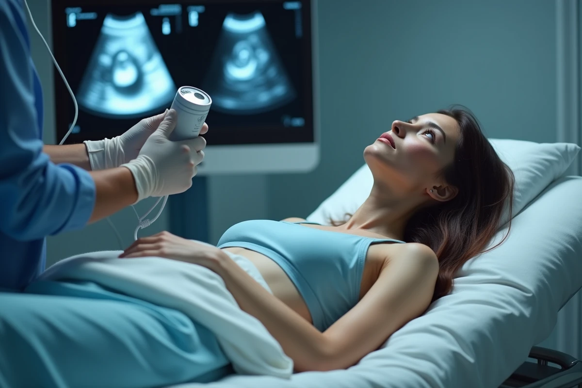 Femme lors d'une échographie pelvienne pour diagnostic d'un kyste ovarien dans le cadre d'un projet de grossesse
