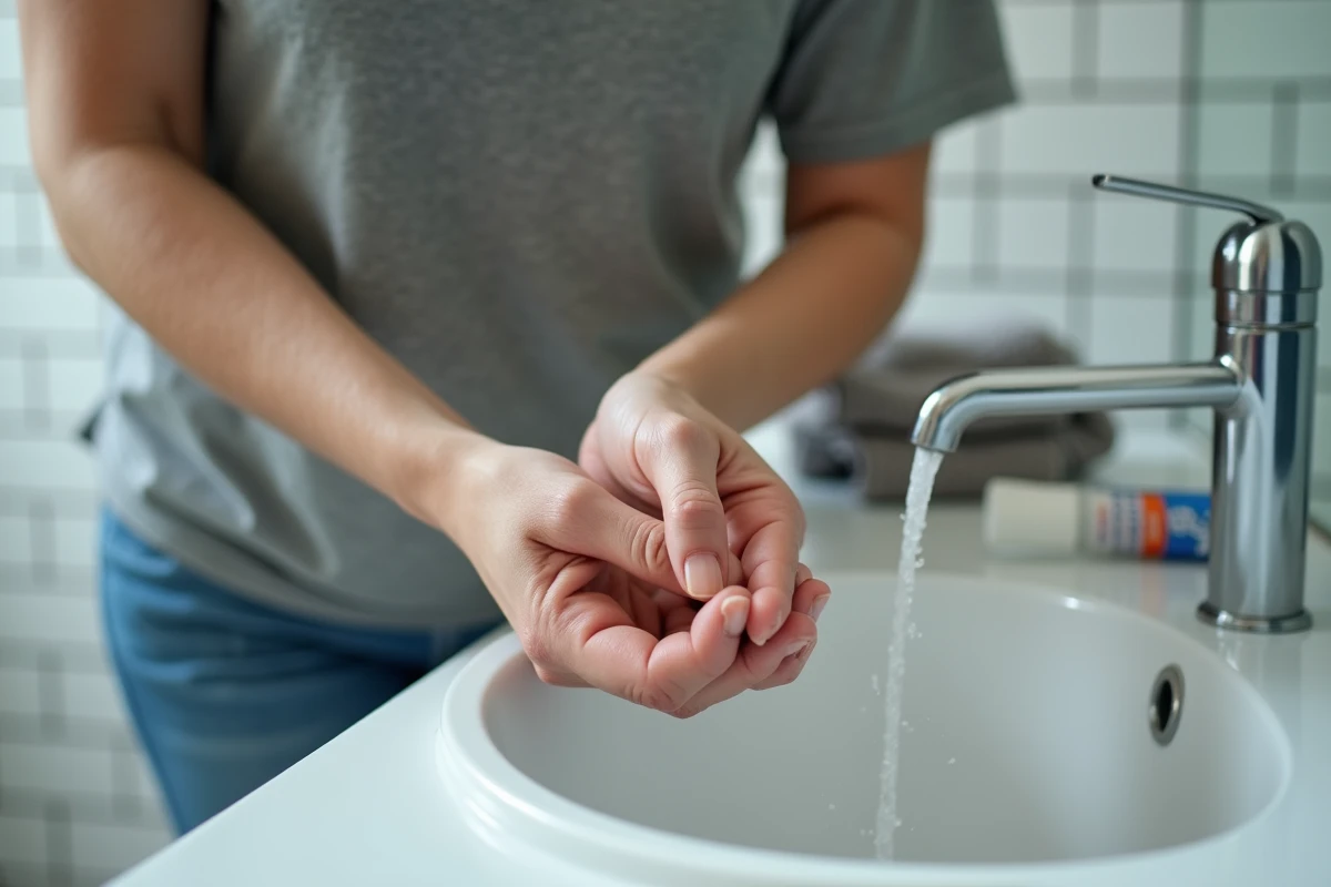 Femme essayant d'enlever de la colle forte sur ses doigts sous l'eau du robinet dans une salle de bain