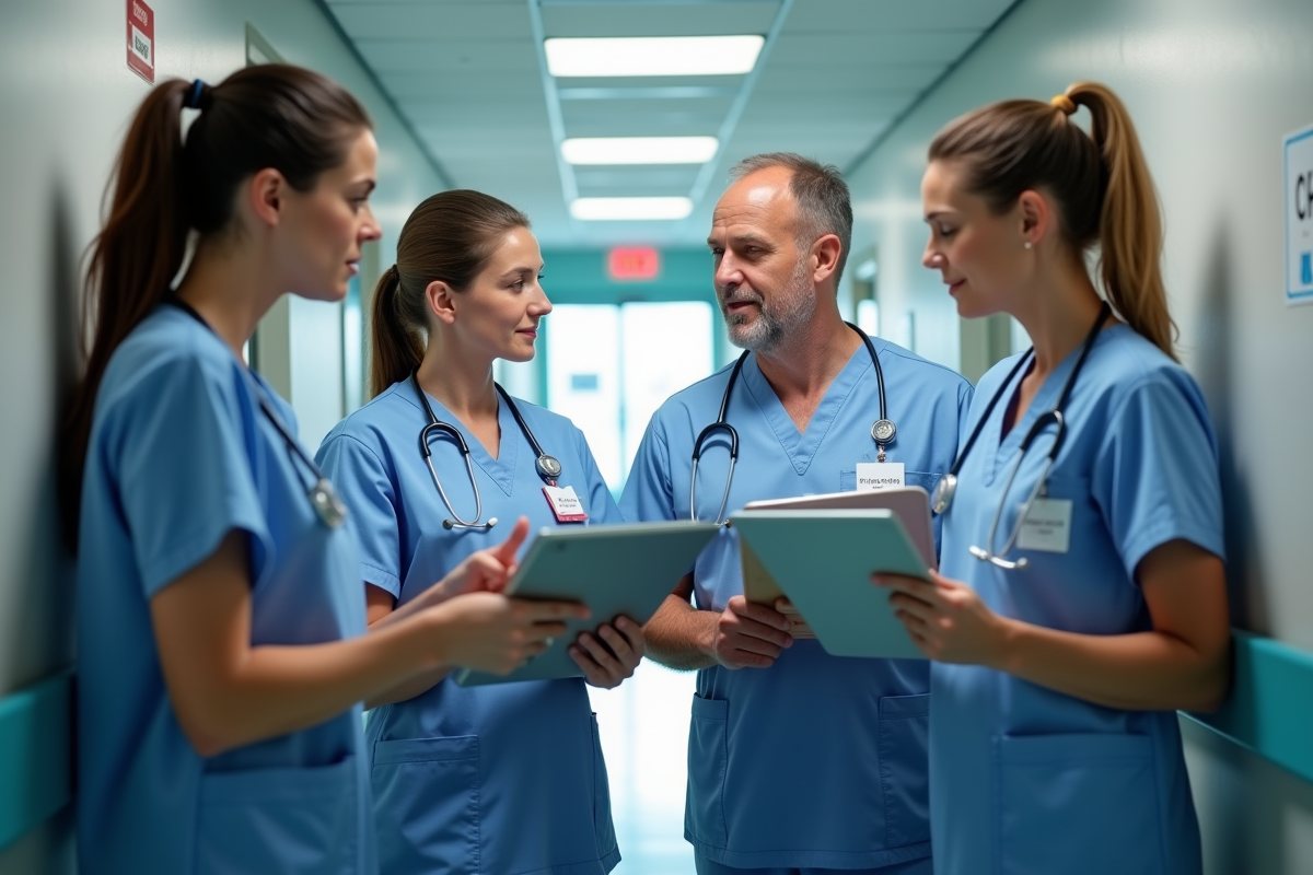 Équipe médicale discutant dans un couloir d