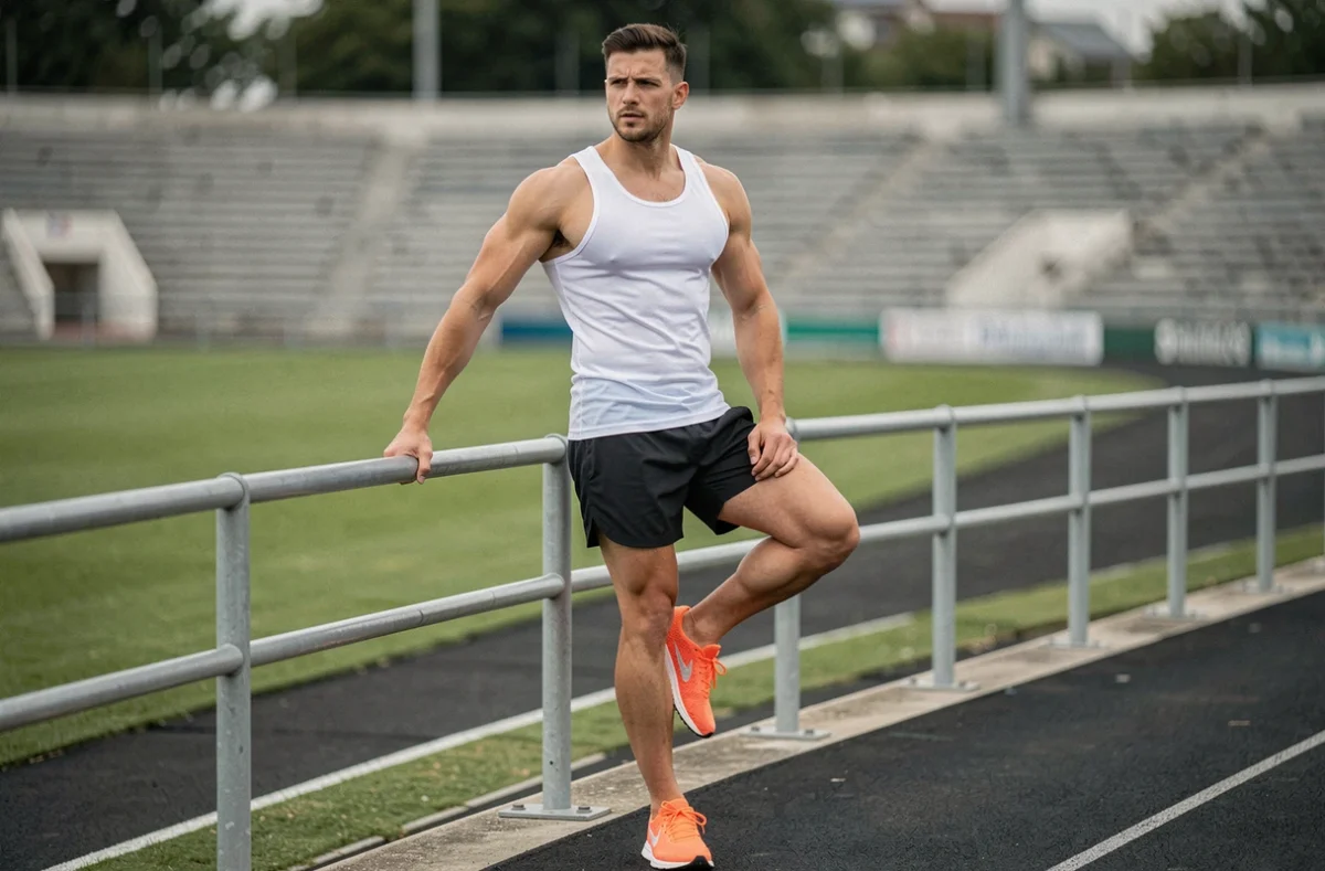 Coureur réalisant un étirement du muscle piriforme sur une piste d'athlétisme pour soulager une douleur fessière après la course