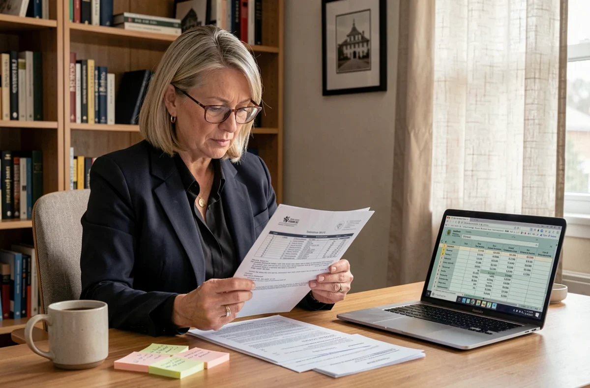 Femme étudiant les conditions d'une assurance emprunteur pour une SCI familiale depuis son bureau à domicile