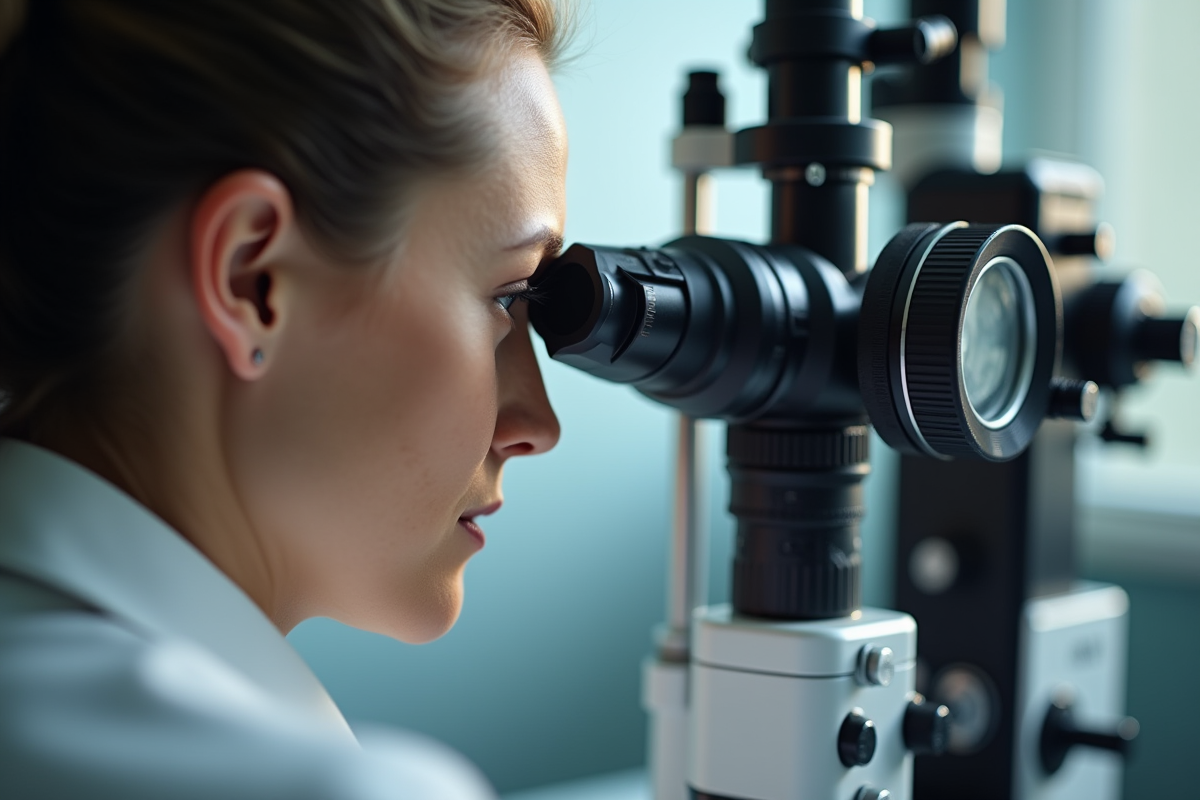 Examen de l’œil avec un lampes à fente par un professionnel