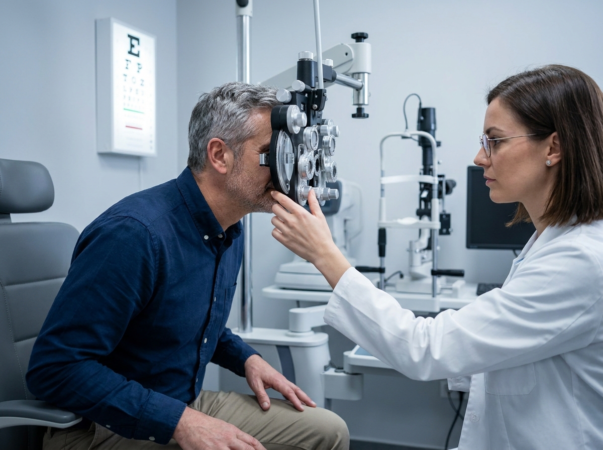 Homme passant un examen de vue chez un opticien avec un phoropter dans un cabinet moderne