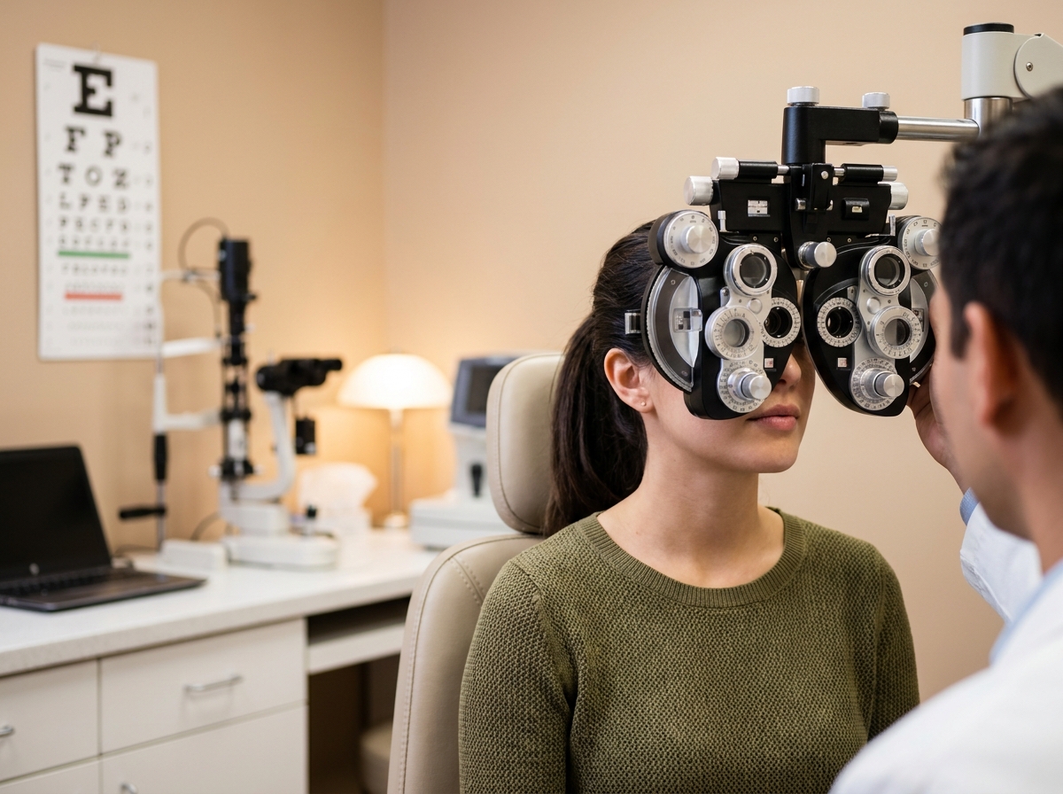 Jeune femme lors d'un examen de la vue avec un phoroptère dans une salle de consultation opticienne