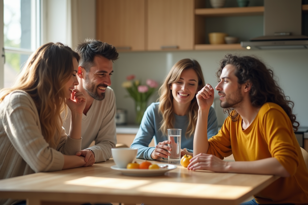 Famille autour de la table de cuisine en soutien en cas de malaise