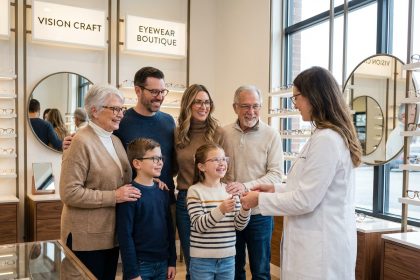Famille multigenerational souriante dans une boutique d'optique
