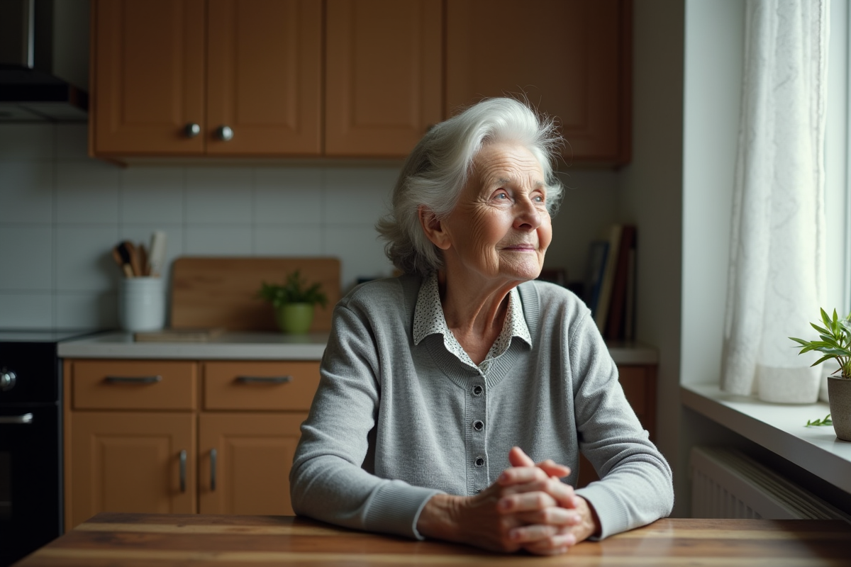 Femme âgée assise à la cuisine en réflexion