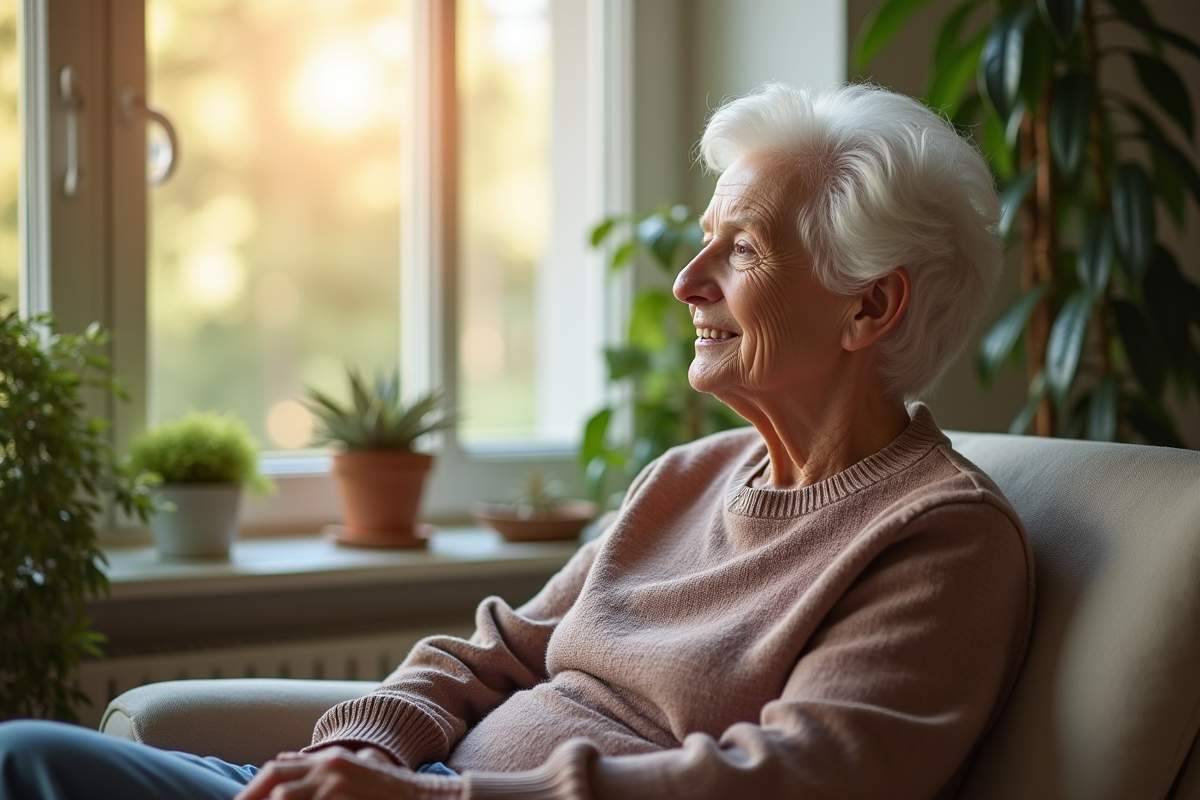 Femme agee assise dans un salon lumineux et moderne