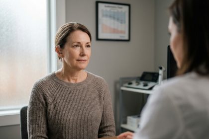Femme de 50 ans portant un appareil auditif lors d'un rendez-vous chez l'audiologiste