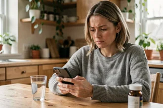 Femme lisant des avis sur un complément alimentaire comme Glucavit sur son smartphone dans sa cuisine