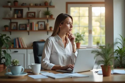 Femme en bureau à domicile regardant par la fenêtre