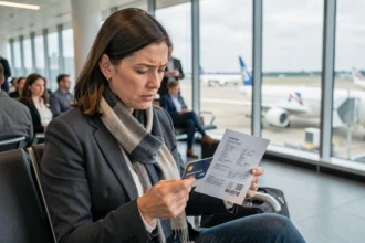 Femme examinant sa carte Visa Platinum et les documents d'assurance voyage dans un aéroport