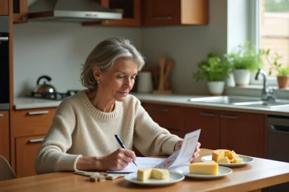 Femme d&eacute;gustant du fromage en cuisine chaleureuse