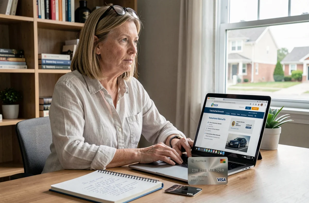 Femme comparant les garanties d'assurance voyage incluses dans sa carte Visa Platinum depuis son bureau