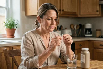 Femme dans la quarantaine examinant un complément alimentaire naturel dans une cuisine en bois chaleureuse