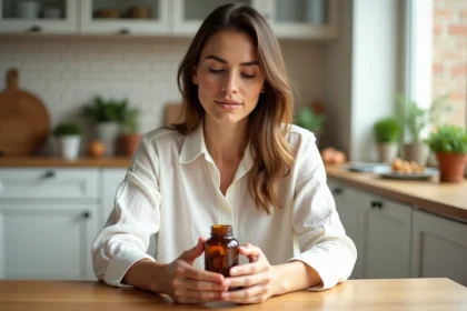 Femme examinant un flacon de capsules postbiotiques dans une cuisine en bois naturel, symbolisant la santé intestinale et l'immunité