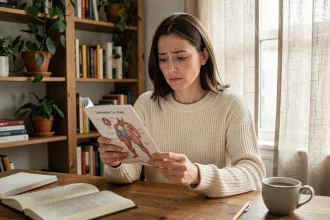 Femme en trentaine consultant un document médical sur les kystes ovariens à son bureau à domicile