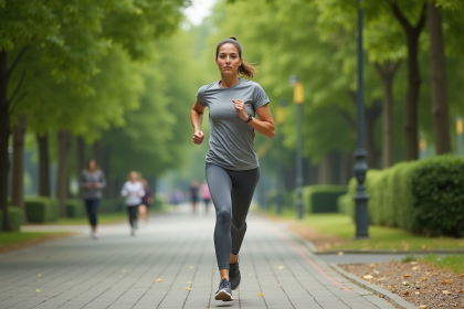 Femme en jogging dans un parc urbain dynamique