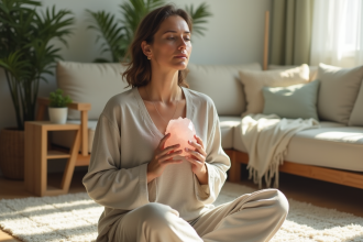 Femme paisible tenant un cristal de quartz rose